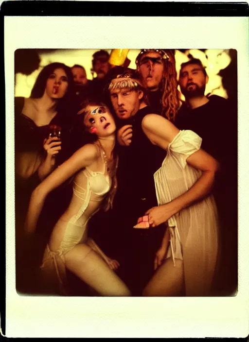 Prompt: polaroid by mucha, selfie, influencer, diaphanous, fashion, octoberfest, render, octane, detailed, award winning photography, masterpiece, of group of people very drunk dancing chaotic and giant like slowmotion nuclear exploding beer bottle in the middle,, dark backround, highly detailed, smooth, sharp focus, intricate,