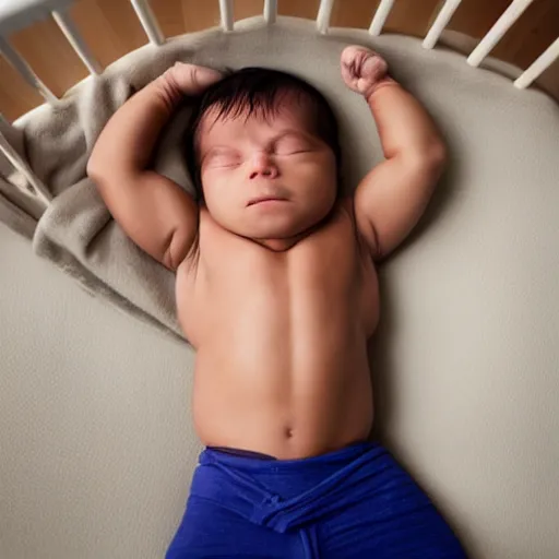 Image similar to huge muscles bodybuilder baby sleeping in a crib, newborn picture, barrel chested, rippling muscles, huge veins, bulging muscles, ripped, award winning photography, high detail