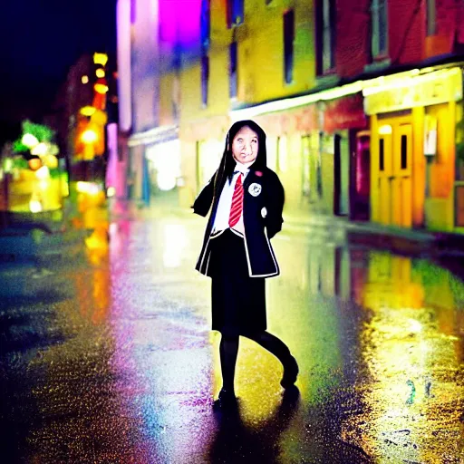 Image similar to night flash portrait photography of a high school girl in catholic school uniform on the lower east side by annie leibovitz, colorful, nighttime!, raining!