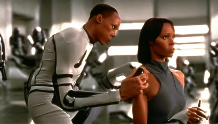 Image similar to The matrix, LeeLoo, Starship Troopers, Olivia Pope, 1960's Olympics footage, Sprinter athletes recovering from a race, tuning their mechanical legs with mechanics helping, intense moment, cinematic stillframe, backlit, The fifth element, vintage robotics, formula 1, starring Geena Davis, clean lighting