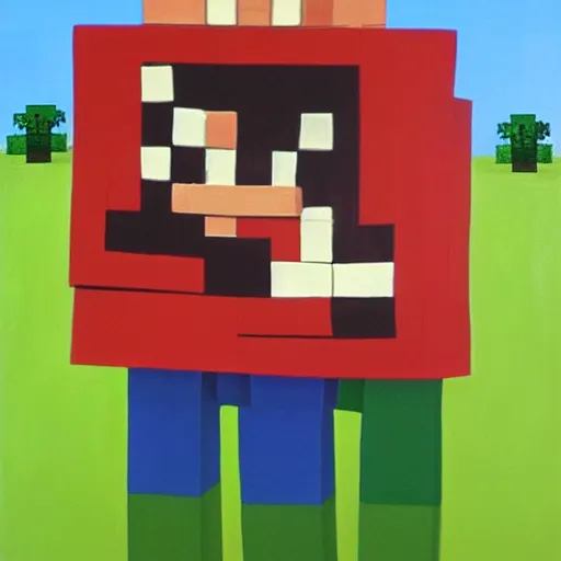 Prompt: a minecraft steve giving a hug to a minecraft creeper, oil on canvas