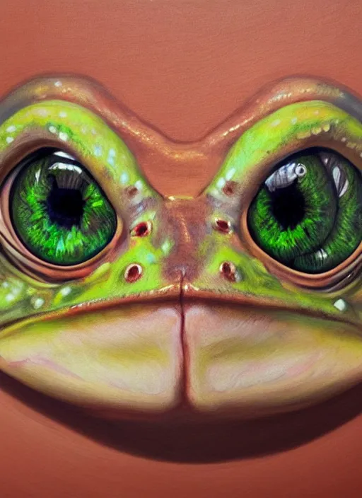 Prompt: realistic portrait beautiful painting of frog, triple eye pupil. facing right, fine art, sinister, trending on artstation, smooth draw, sharp focus, digital art, bright colors, fine draw, perfect lighting, high render, high resolution.