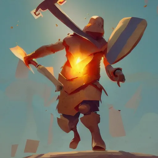 Image similar to battle toast, a slice of toasted bread with a face, arms and legs, holding a sword and shield, volumetric lighting, dynamic composition, fantasy, hyper detailed, ultra realistic, sharp focus, octane render, concept art by sachin teng and sergey kolesov and ruan jia and heng z