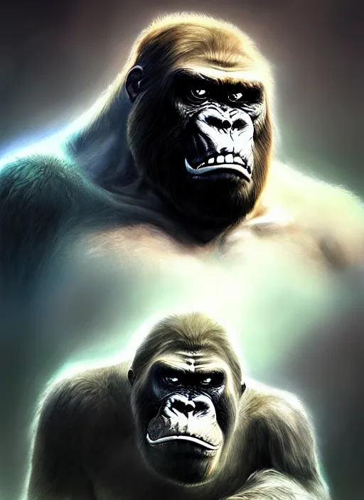 Image similar to portrait of angry king kong, beautiful face, hyper realistic, highly detailed, digital painting, artstation, illustration, concept art by hyung tae and frank frazetta, digital paint, matte paint, washed colors, eating cakes, dark, gloomy, foggy