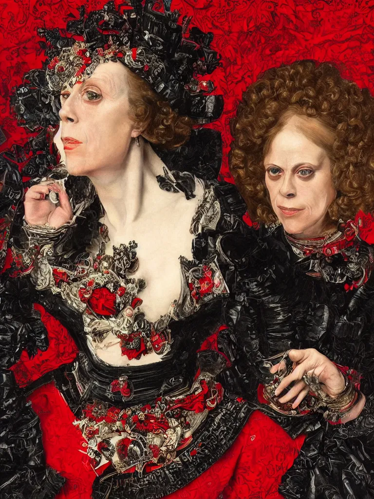 Image similar to Detailed maximalist stunning portrait of Signorney Weaver dressed in a black and red Victorian collar dress, HD mixed media, 3D collage, highly detailed and intricate, masterpiece, award-winning, surreal illustration in the style of Caravaggio, dark art, baroque