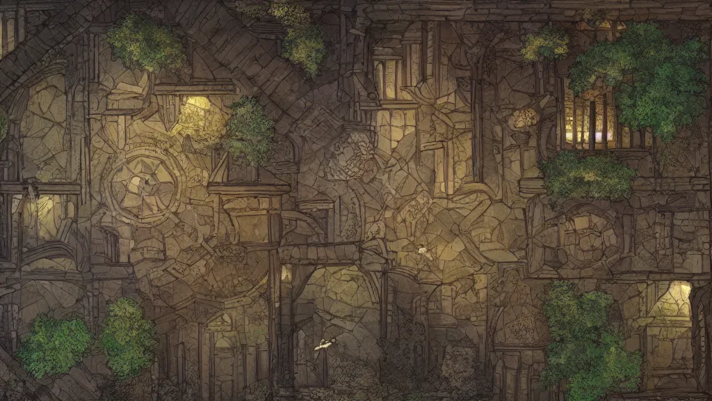 Image similar to wide establishing shot of a dungeons and dragons battle map, top view of inside of a great hall inside a castle, dynamic composition, dramatic lighting, trending on artstation, digital art, stylized painting