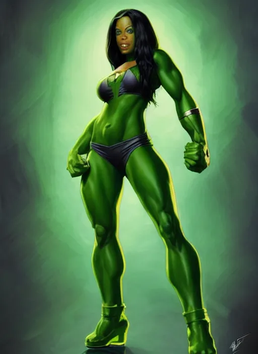 Image similar to full body portrait of marvel cinematic universe aaliyah haughton, she hulk, elegant, green skin, super hero, highly detailed!! digital painting, artstation, glamor pose, concept art, sharp focus, illustration, art by artgerm and greg rutkowski, artey freytag