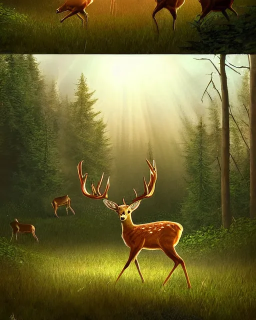 Image similar to a large potato shooting a deer in the woods with sun high above and cloudy, ultra realistic, concept art, intricate details, highly detailed