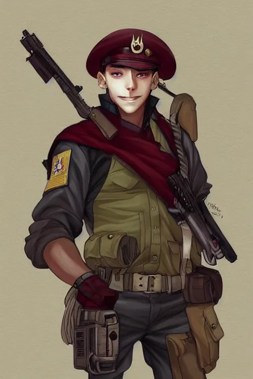 Image similar to beautiful portrait commission of a male furry anthro!!! fruit bat wearing military clothes and a maroon beret. Active Warzone with guns and explosions Atmospheric. Character design by charlie bowater, ross tran, artgerm, and makoto shinkai, detailed, inked, western comic book art