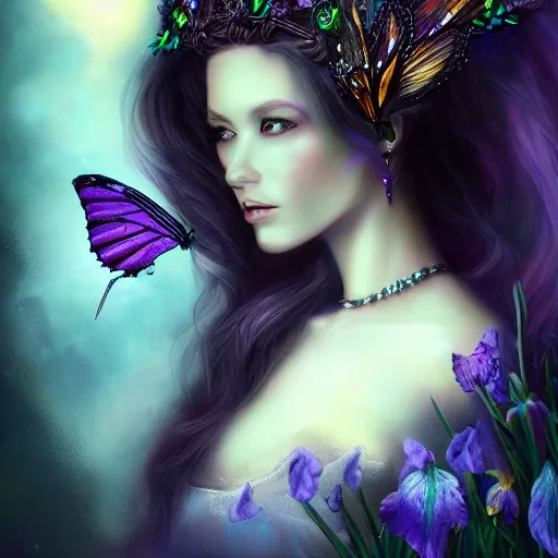 Prompt: detailed portrait of a dark fairy queen with butterfly wings, crown, pixie, iris, realism, emerald, galaxy, sapphire,dark purple crown,leaves, moonlit, dark fantasy, dramatic lighting, cgsociety, artstation