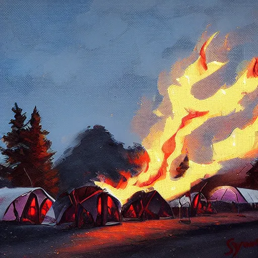 Image similar to a camp with tents on fire, burning down, shadows of 3 girls watching the camp burn, snow, painted by Sylvain Sarrailh