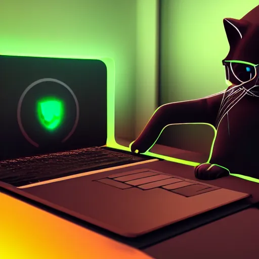 Image similar to a hacker cat, green hoodie accomplished look, dark background, sitting at a laptop, terminal console on screen, shadows, matte painting, bold shapes, hard edges, octane render, unreal engine