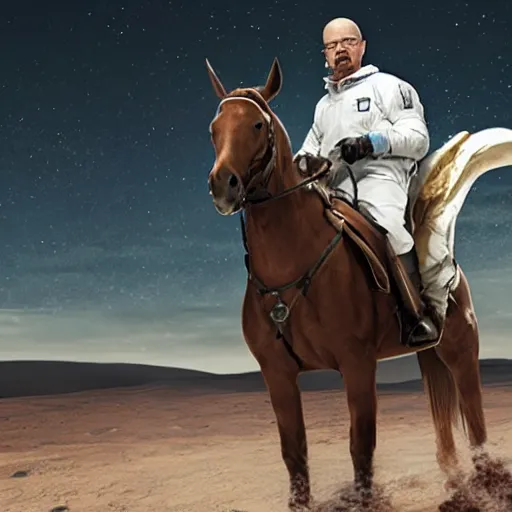 Image similar to walter white riding a horse on the moon