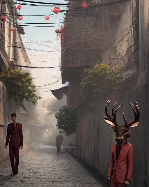 Image similar to artstation scifi scene of two deer - headed suit people, in a chinese town narrow alley, dim lights, long shadows, summer unreal engine 5, hyper realism, realistic shading, cinematic composition, blender render, octane render, hdr, detailed textures, photorealistic, wide shot