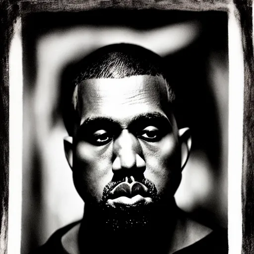 Image similar to a ( ( ( ( ( ( ( ( ( ( ( ( chiaroscuro lighting portrait ) ) ) ) ) ) ) ) ) ) ) of kanye west dressed as rick owens, black background, portrait by julia margaret cameron, shallow depth of field, 8 0 mm, f 1. 8