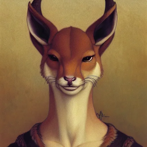 Prompt: a portrait of an anthropomorphic gazelle, furry fursona, in the style of william - adolphe bouguereau and hayao miyazaki and masamune shirow, extremely detailed, wlop