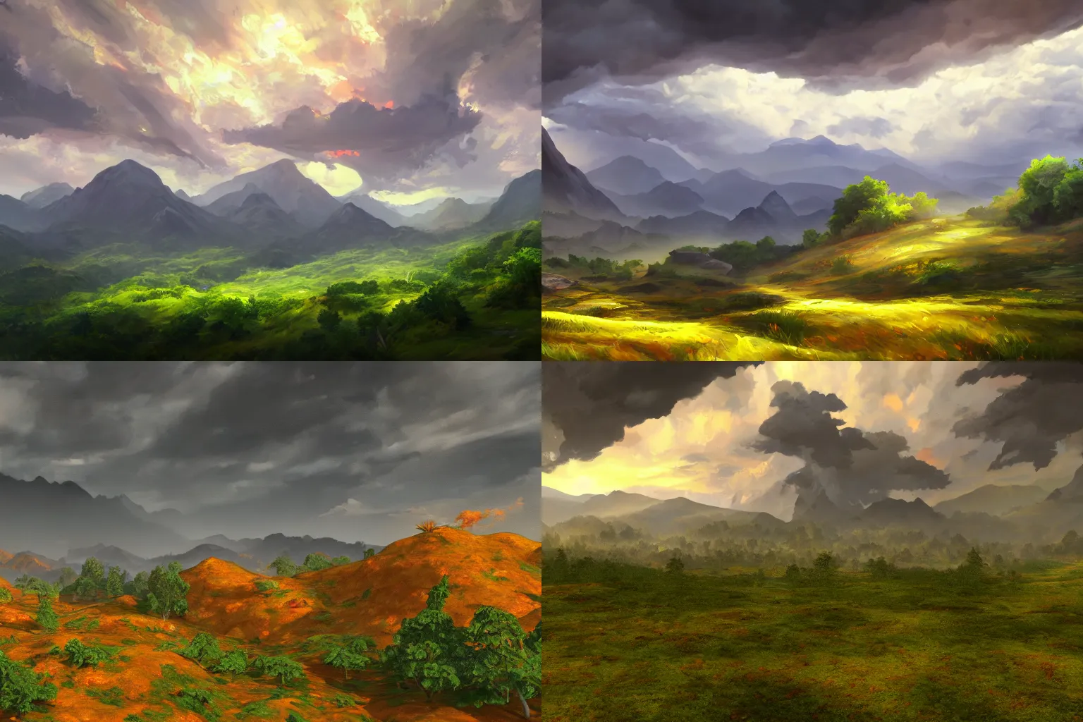 Prompt: A fiery dry gray overcast sky over a very very very beautiful lush green mountain range, oil painting, unity engine, wide angle, anime stylized 3d, trending on artstation, high definition, god rays, caustics