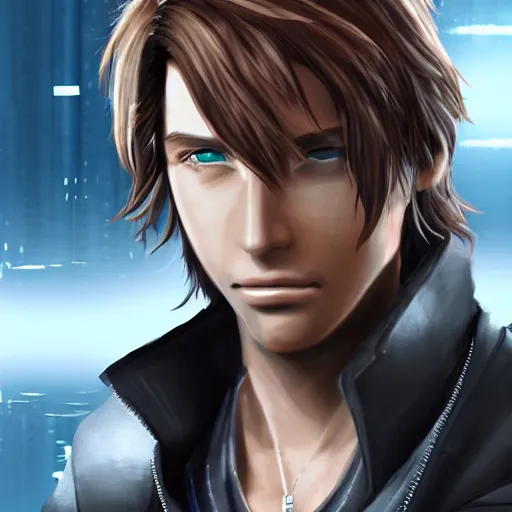 Image similar to photorealistic squall leonhart in a sci fi city