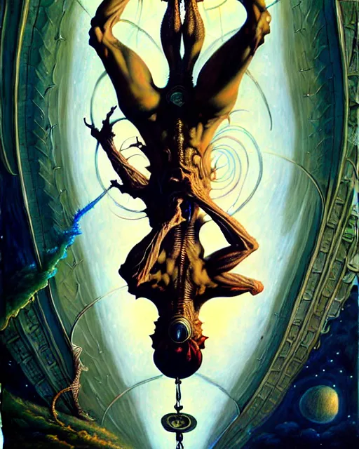 Image similar to man hanging upside down tarot card, fantasy character portrait made of fractals, ultra realistic, wide angle, intricate details, the fifth element artifacts, highly detailed by peter mohrbacher, hajime sorayama, wayne barlowe, boris vallejo, aaron horkey, gaston bussiere, craig mullins