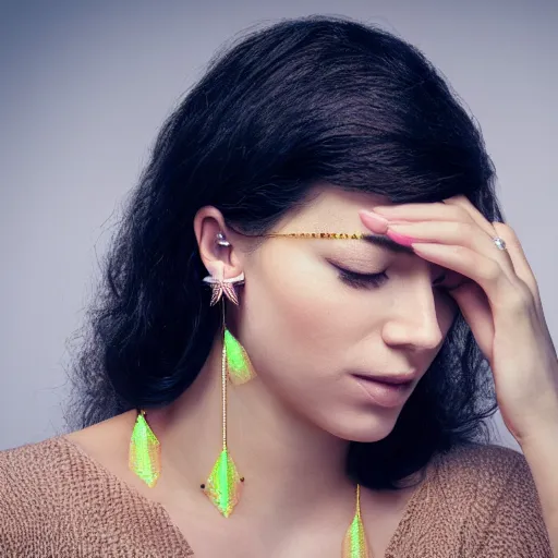 Prompt: portrait of a beautiful woman wearing high-tech jewelry around her face