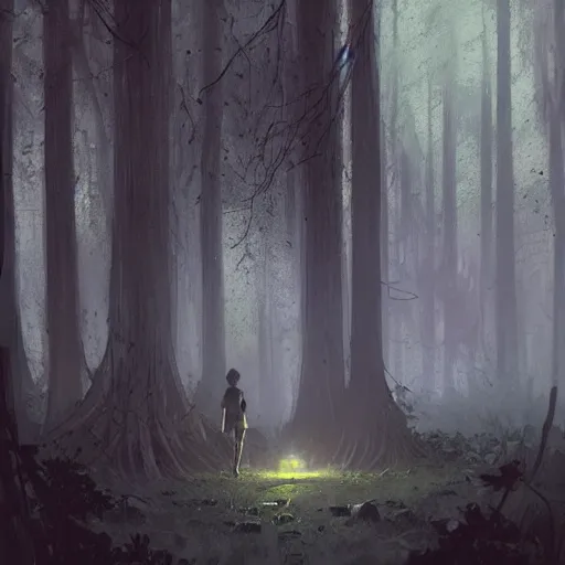 Image similar to concept art by greg rutkowski, a very tall and slender young man, frightened, surrounded by fireflies, in the middle of a forest of giant trees, detailed portraits, disturbing atmosphere, uncanny green lighting, scifi, digital painting, artstation, concept art, smooth, sharp foccus ilustration, artstation hq