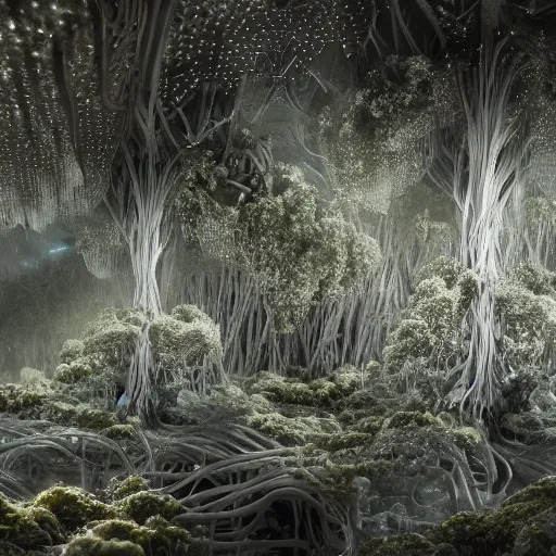 Image similar to biocomputer heart organ intertwined with white biocomputer flowers in a biomechanical cave forest, intricate environment, matte painting, diffused lighting, highly detailed cinematic, atmosphere, diffused lighting, highly detailed digital art, trending on artstation, depth of field, wide angle