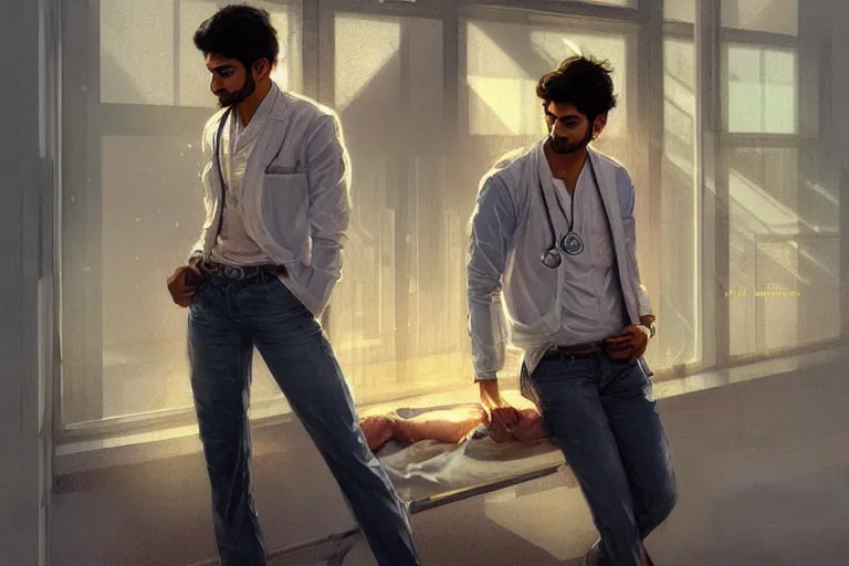 Image similar to Anxious good looking pale young Indian doctors wearing jeans inside a hospital, portrait, elegant, intricate, digital painting, artstation, concept art, smooth, sharp focus, illustration, art by artgerm and greg rutkowski and alphonse mucha