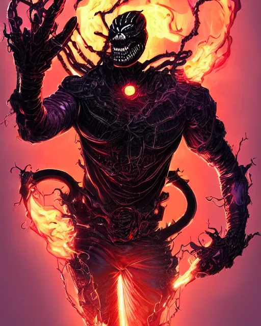 Image similar to ghost rider symbiote, purple and red variant, dynamic lighting, fantasy concept art, trending on art station, stunning visuals, creative, cinematic, ultra detailed, comic strip style