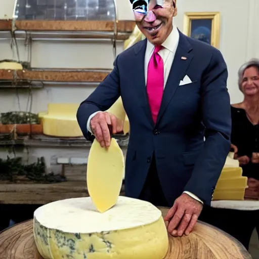 Prompt: joe biden eating a large wheel of cheese,