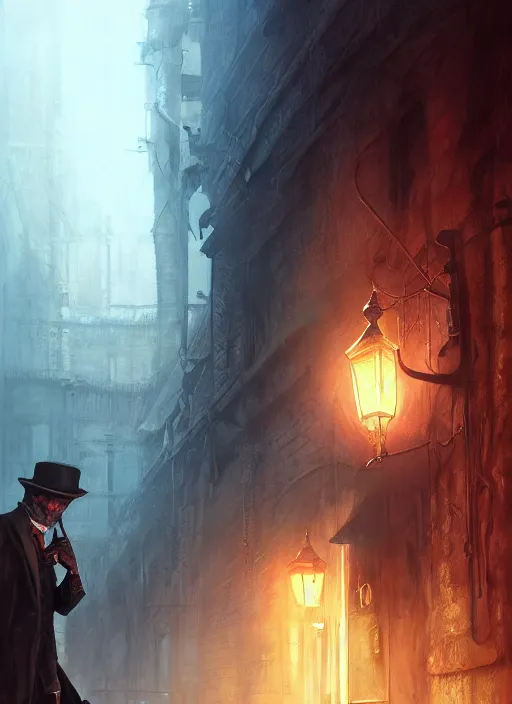 Prompt: highly detailed portrait of jack the ripper, realistic, horror, fantasy art by greg rutkowski, stanley artgerm, loish, rhads, tom bagshaw, global illumination, radiant light, detailed and intricate environment