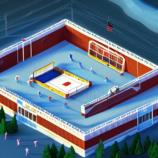 Prompt: Hockey arena game illustration, aerial view, isometric Voxel, Blizzard, EASports, intricate, elegant, highly detailed, digital painting, artstation, concept art, smooth, sharp focus, art by Roman Klco and Shadow Run, brightly lit cinematic soft lighting, photorealistic