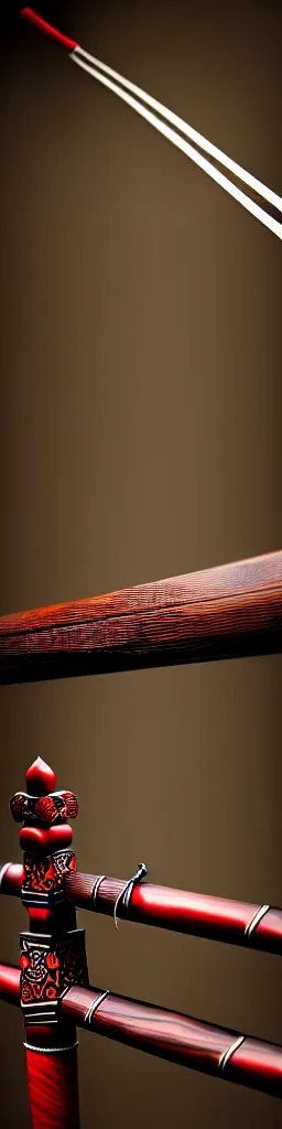 Image similar to single wooden long straight thin ninja fighting staff with oriental ornaments, weapon, highlight, vertical, centred, highly symmetric, sci - fi, fantasy, japan, dnd, close shot, bright uniform background, directional lighting, digital art, hyperrealism, award winning, 8 k