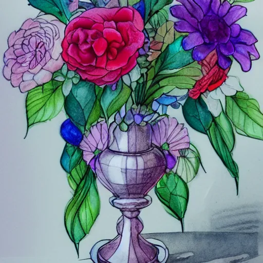 Image similar to a fancy vase with a colorful and beautiful flower arrangement by the fancy window. very stylize and delicate watercolor and pencil drawing. beautiful lighting, 4 k post - processing, trending in art station, cg society, highly detailed, 5 k extremely detailed