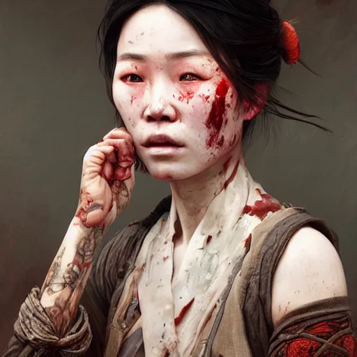 Prompt: portrait painting of a bloodied north chinese female butcher, ultra realistic, concept art, intricate details, eerie, highly detailed, photorealistic, octane render, 8 k, unreal engine. art by artgerm and greg rutkowski and alphonse mucha