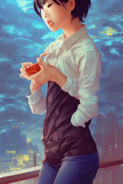 Image similar to asian girl eating a ritz cracker by artgerm, tooth wu, dan mumford, beeple, wlop, rossdraws, james jean, marc simonetti, artstation giuseppe dangelico pino and michael garmash and rob rey and greg manchess and huang guangjian and makoto shinkai