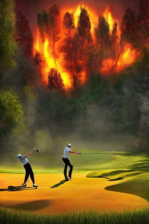 Image similar to golf players on a lush golf course surrended by forests on fire, digital painting, 4k, rays of light, particles light, by sasha kalinkin