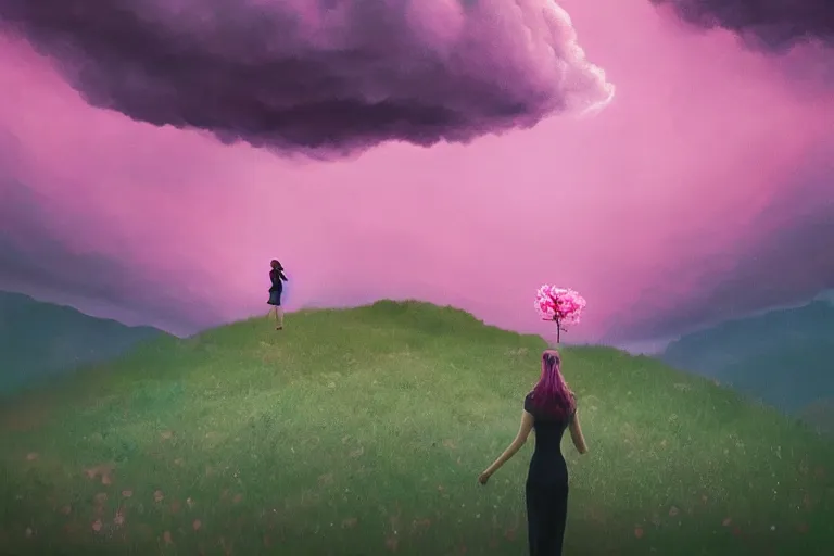 Image similar to giant pink flower as a head, girl standing on mountain, surreal photography, stars, dramatic light, impressionist painting, storm clouds, digital painting, artstation, simon stalenhag