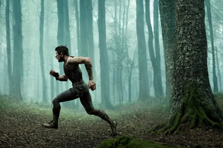 Image similar to still from a fantasy movie, a man running through the forest, muted colors, motion blue, action, 8 k, cinematic, very detailed face, hyperrealistic, movie still frame, promotional image, imax 7 0 mm footage