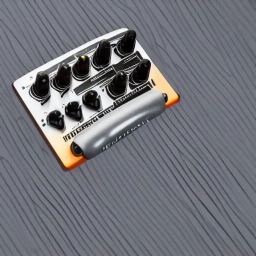 Image similar to guitar multifx pedal made of sheet metal bending with exposed screws, realistic photography, studio soft light