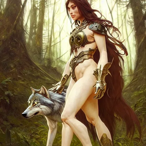 Image similar to long shot photo of a humanoid female she - wolf with wolf head were a heroic dress an armour in the forest, long hair, highly detailed, digital painting, artstation, smooth, sharp focus, illustration, art by artgerm and greg rutkowski and alphonse mucha