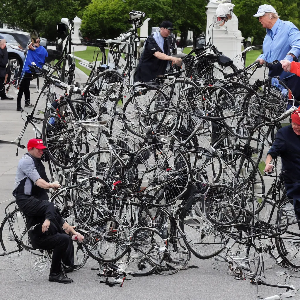 Image similar to trump repairs his bicycle outside the white house