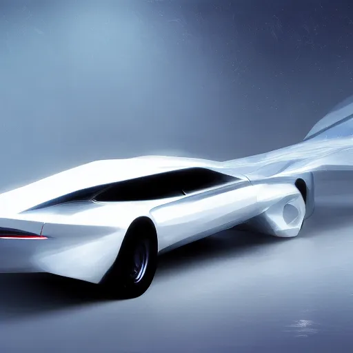 Image similar to full view of a car, painted in white holographic pearlescent, elegant, digital painting, concept art, smooth, sharp focus, art style from Wang Ke and Greg Rutkowski and Bruce Kaiser and Scott Robertson and Dmitry Mazurkevich and Doruk Erdem and Jon Sibal, small style cue from Blade Runner
