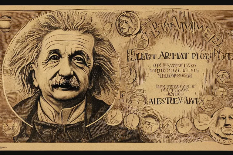 Image similar to an engraved portrait of albert einstein with equations of theory of relativity, detailed!!! copper - plate engraving in the style of money bills, fine!!! lines, engraved by alfred sealey, bureau of engraving and printing