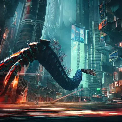 Image similar to a giant terrifying cyber shrimp destroying a dystopian city, cyberpunk, sharp focus, dynamic lights, still, photograph, hyper realistic, masterpiece, octane render, rendered, 3 d, cinematic, cinematic lighting, dramatic lighting, highly detailed, intricate details, texture, cinematic composition, by donglu yu and kevin jick and eddie del rio