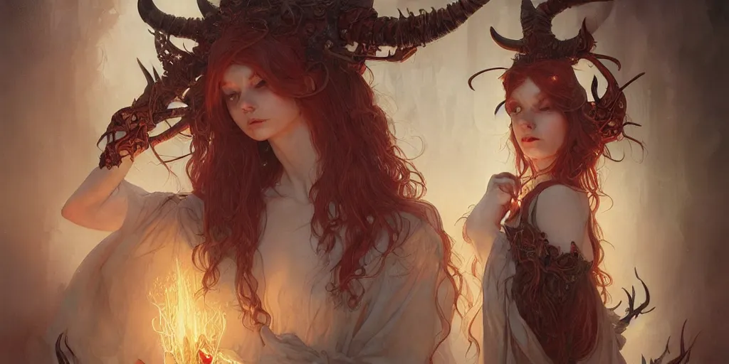 Image similar to posessed, sould demons a beautiful illustration of a witch with horns in head, young cindy crowford, redhead, intricate, sharp focus, illustration, highly detailed, digital painting, concept art, matte, art by wlop and artgerm and greg rutkowski and alphonse mucha, masterpiece