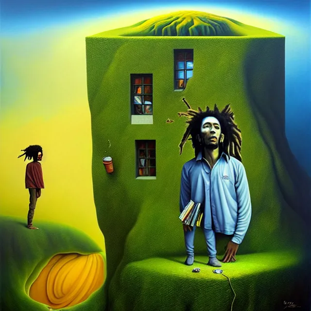 Prompt: gediminas pranckevicius an oil on canvas portrait painting of bob marley with john lennon, surrealism, surrealist, cosmic horror, rob gonsalves, high detail, hole space time warp zica