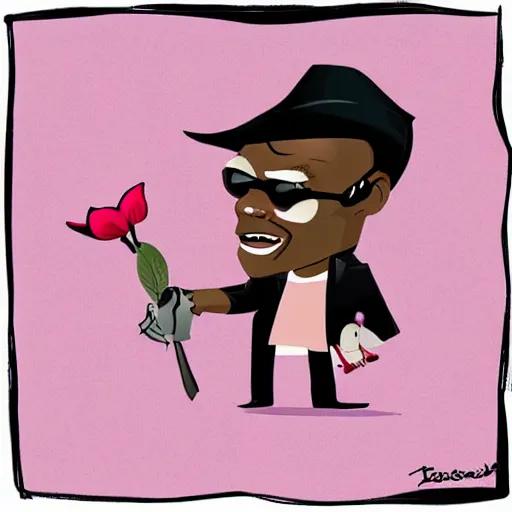 Image similar to a stylized cartoon of samuel l jackson with a pink flower in his hand