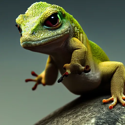 Prompt: cute angry baby gecko, hyperrealism, cinematic masterpiece, fantasy style 8 k octane render