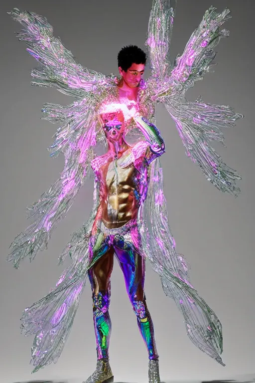 Image similar to full-body rococo and cyberpunk delicate crystalline sculpture of a muscular iridescent slender Latino male as a humanoid deity wearing a thin see-through plastic hooded cloak sim roupa, posing like a superhero, glowing pink face, crown of white lasers, large diamonds, swirling black silk fabric. futuristic elements. oozing glowing liquid, full-length view. space robots. human skulls. throne made of bones, intricate artwork by caravaggio. Trending on artstation, octane render, cinematic lighting from the right, hyper realism, octane render, 8k, depth of field, 3D