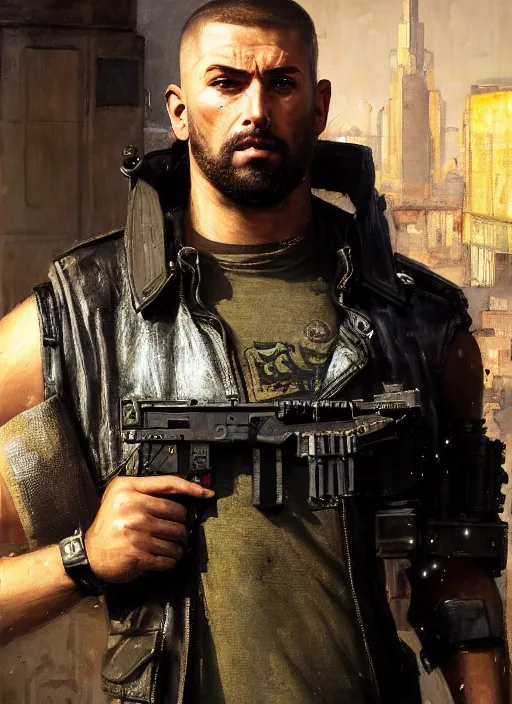 Prompt: big mike. cyberpunk meathead wearing a military vest and combat gear. (Cyberpunk 2077, bladerunner 2049). Iranian orientalist portrait by john william waterhouse and Edwin Longsden Long and Theodore Ralli and Nasreddine Dinet, oil on canvas. Cinematic, hyper realism, realistic proportions, dramatic lighting, high detail 4k